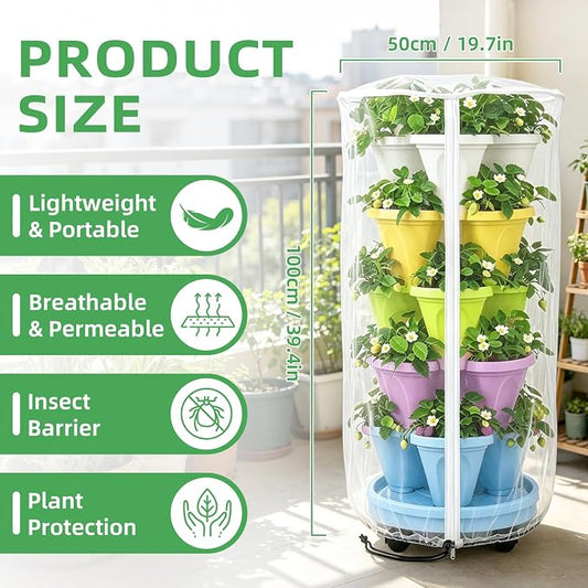 2PCS Mesh Vertical Planter Bug Netting, 39"X20" Large Stackable Planter Netting 5 Tier Strawberry Planter Protector White Round Garden Bird Netting Plant Cover with Zipper for Tomato Flower Fruit
