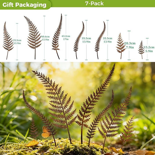 KODIBO 7-Pack Decorative Metal Garden Stakes, Rustic Fern Outdoor Yard Art | Weather-Resistant Metal, Vintage Rust Finish, Mixed Size Fern Stakes, Wall Decor, Yard Ornaments, Gifts for Garden Lovers