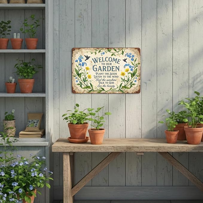 Garden Decor Sign Welcome to Our Garden Floral Wall Art | Garden Lovers • Yard Patio Display • Garden Theme • Vintage Botanical Style • UV Printed • 8x12 Inch