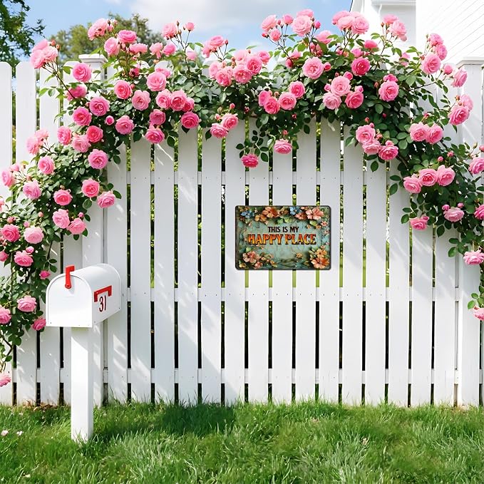 Funny Garden Metal Signs, Vintage Outdoor Wall Decor 12x8 Inch | This is My Happy Place, Weatherproof Aluminum Sign for Patio Yard Greenhouse, Gift For Gardeners