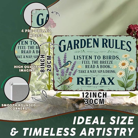 PEACHGARDEN Garden Rules Sign, Funny Relaxing Yard Decor, Vintage Metal Signs for Garden Walls, Outdoor Gifts for Women 8x12 Inch