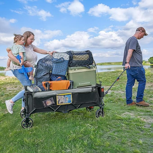 Timber Ridge 51.2'' Extended Collapsible Wagon Cart with Brakes and Cargo Net, 500LBS Heavy Duty Foldable Utility Wagon with Adjustable Handle, 400L Capacity Portable Cart for Camping Sports Shopping