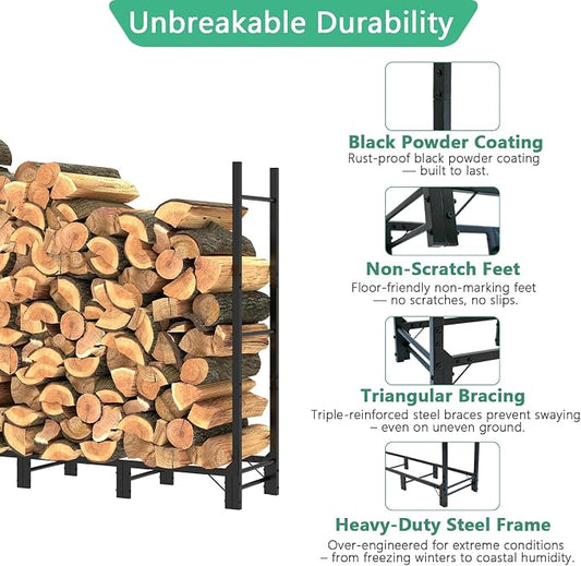 Helios&Hestia 8Ft Outdoor Firewood Rack for Fireplace, Heavy Duty Steel Log Holder, Indoor Wood Pile Storage Organizer, Adjustable Stacker Stand, Black