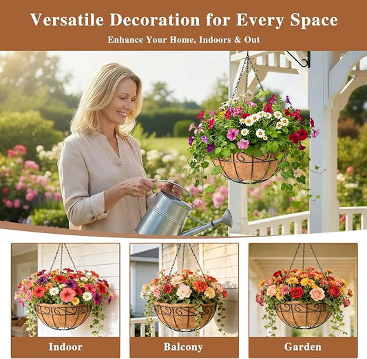 4 Pack Hanging Planter for Outdoor Plants 12 inch Metal Hanging Flower Basket with Coco Coir Liner Round Wire Plant Holder Chain Flower Pots Outdoor Garden Decoration Watering Hanging Baskets(HB)