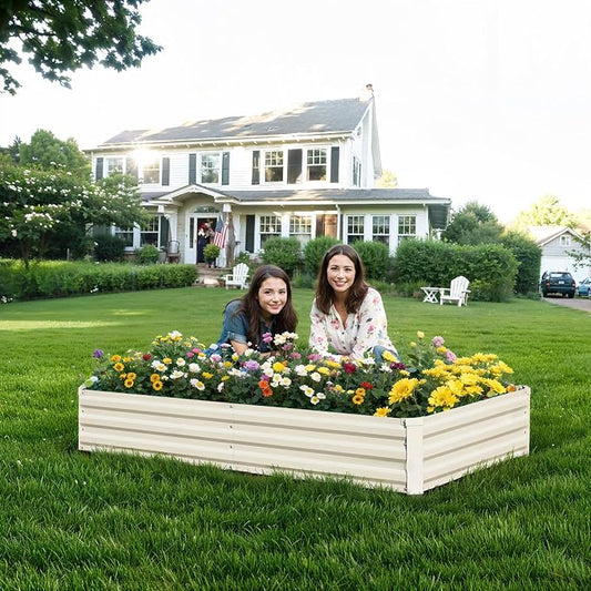 Raised Garden Bed Beige, 6x3x1ft Galvanized Raised Garden Bed Outdoor Metal for Gardening Vegetables Flower Garden Planter Box Large Raised Bed with Gloves and 3ftx30ft Weed Barrier Fabric