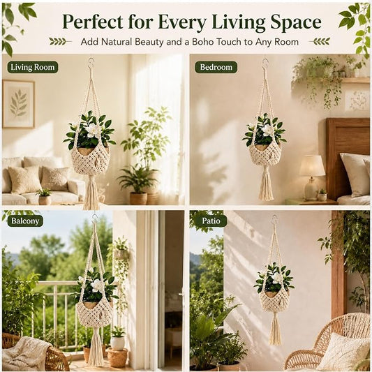 Shappy 1 Pack Boho Macrame Plant Hanger, Large Hanging Planter Plant Holder Pot Hanger Hanging Basket Wall Planters, Plants Lover Gift for Indoor Garden (Spiral Knot,White)