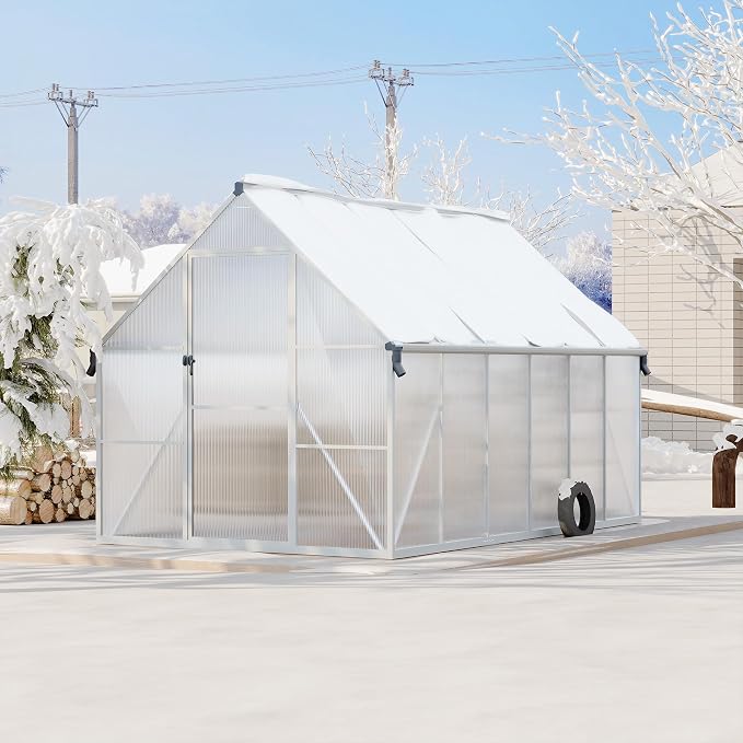 GarveeLife 8X12FT Polycarbonate Greenhouse with Aluminum Frame, Polycarbonate Greenhouse for Outdoors, Greenhouses with Ventilation and Rain Gutter, Aluminum Large Walk-in Greenhouses for Outside