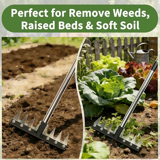 Heavy Duty Iron Weeding Rake, Complete Weed Rake Tool with 4-Section Adjustable Handle(33" to 65"), 8 Sharp Teeths Thick Steel Weed Puller Tool for Raised Garden Beds, Flower Beds & Soft Soil