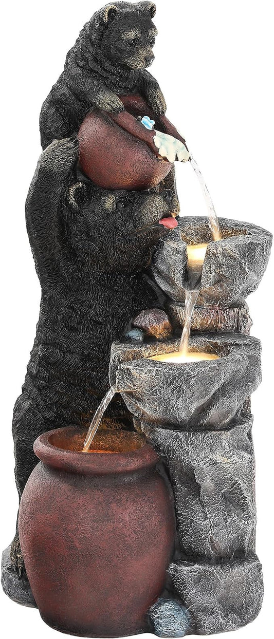 38" H Playful Twin Bear Statue Outdoor Fountain with LED Lights | Whimsical Multi-Tiered Stone Vessel Water Feature with Soothing Cascading Waterfall for Patio, Backyard, Garden or Porch