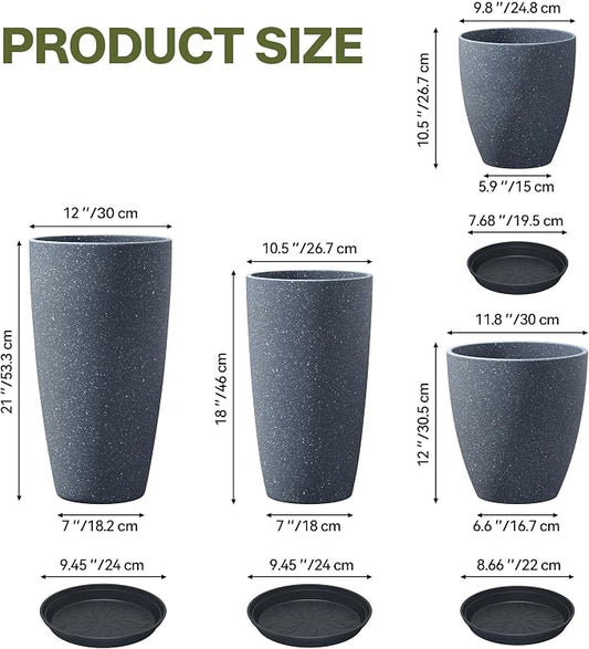 ZMTECH 4 Pack Plastic Planters 21/18/12/10in, Indoor Outdoor Round Planter for Porch, Large Plant Pot with Drainage Hole for Home Garden Front Door, Modern Decorative Pots for Plants (Dark Gray)