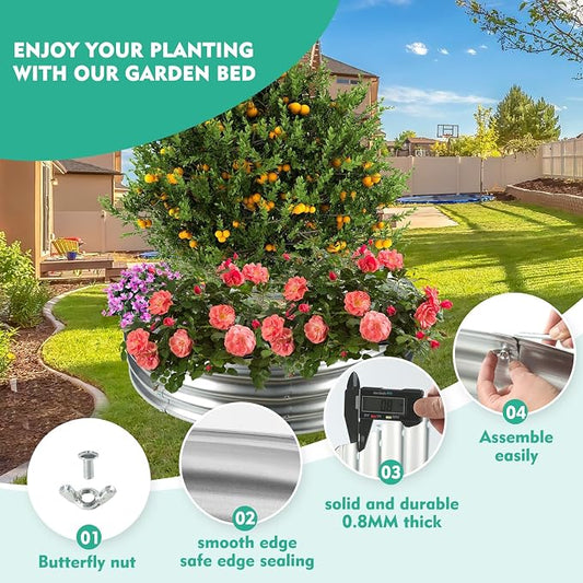 12 Inch Tall 48 Inch Diameter Round Silver Raised Garden Bed Kits Outdoor | 1 FT Tall,4 FT Planter Bed for Flowers,Herbs,Vegetables,Trees,0.8MM Thick Galvanized Metal Painted,with Gloves,Tool free