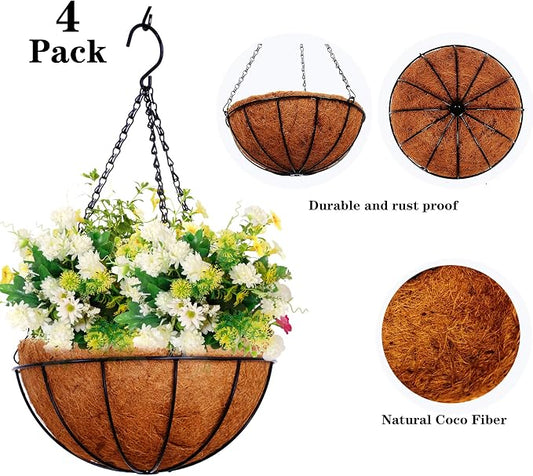 Hanging Planters Basket Outdoor Indoor(14 inch 4 Pack)-Coconut Coir Hanging Baskets for Plants Outdoor,Metal Wire Baskets with Coco Liner Window Box Planters, Hanging Flower Pots for Railings