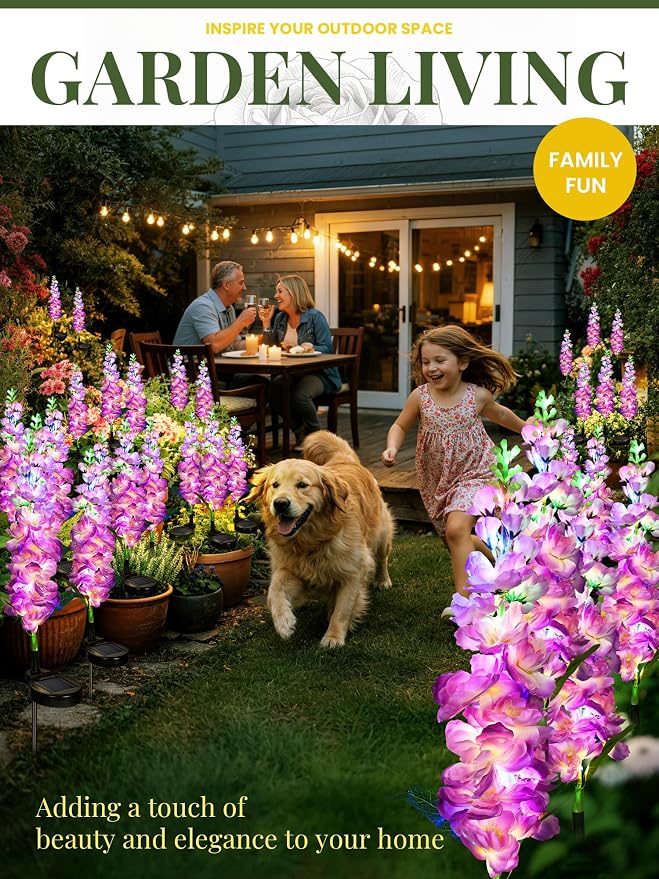 GIGALUMI Solar Lights Outdoor for Garden Decor, 2 Pack Solar Flower Lights Waterproof, 2 Lighting Modes Delphinium for Pathway,Yard, Patio, 4th of July Decoration, Gifts for Women (Purple)