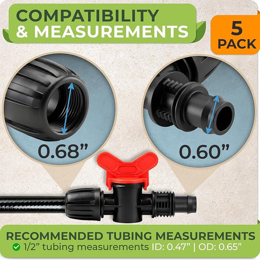 Carpathen Drip Irrigation Parts - 5PCS 1/2 to 1/2 inch Couplers With On/Off Valve for Drip Irrigation Systems - Leak Free Coupling Connectors for 1/2" Tubing