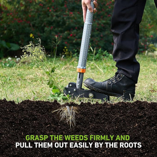 GASREKV Weed Puller Tool, 4-Claw Steel Head Stand Up Weeder, 39"-46" Adjustable Handle & Easy Eject, Root Weed Remover for Dandelion, Thistle & Crabgrass, No Bending