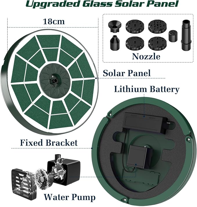 AISITIN 3.5W Solar Bird Bath Fountain Built-in 1500mAh Battery, Solar Water Pump with 8 Nozzles, Solar Powered Fountain Pump for Garden Birdbath Pool Fish Tank Pond and Outdoor (Dark Green)
