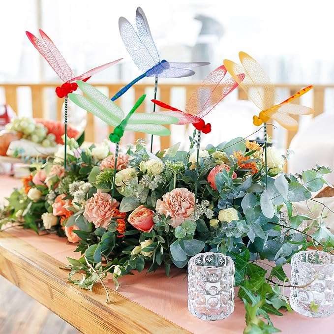 Augshy 50 Pcs Dragonfly Decoration Stakes Garden Dragonfly Artificial Ornaments for Indoor Outdoor Garden Birthday Wedding Party Decor