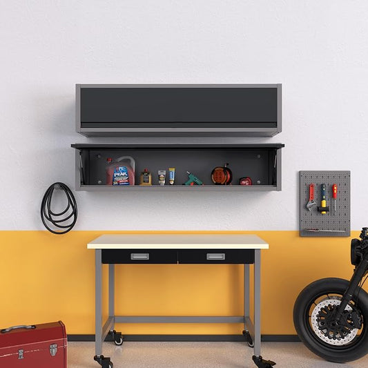 JZD 59 Inches Steel Wall Cabiet, Large Metal Hanging Storage Cabinet with Up-Flip Door, for Garage Utility Room Workshop Office