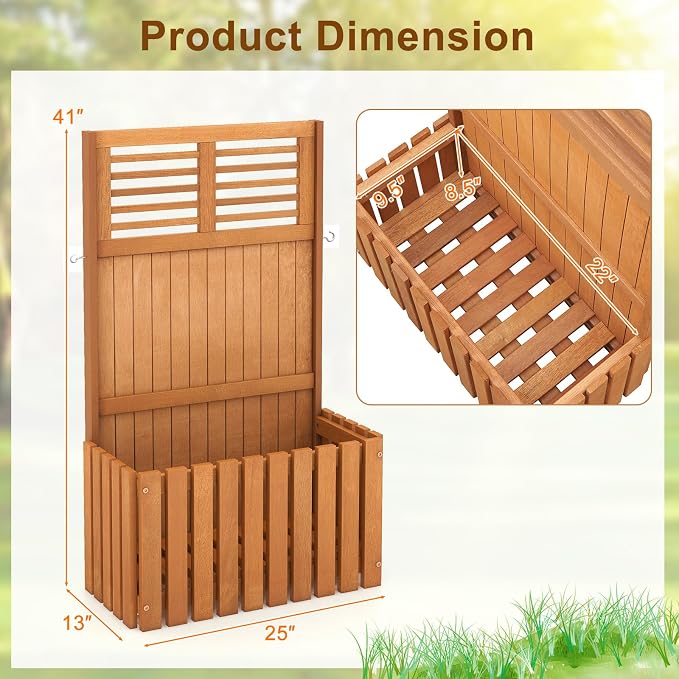 HAPPYGRILL Raised Garden Bed, Wooden Planter w/Trellis & Privacy Screen for Hanging Pot Plants, Outdoor Elevated Planter Box w/Slatted Bottom & 2 Side Hooks for Balcony Patio Garden (1)