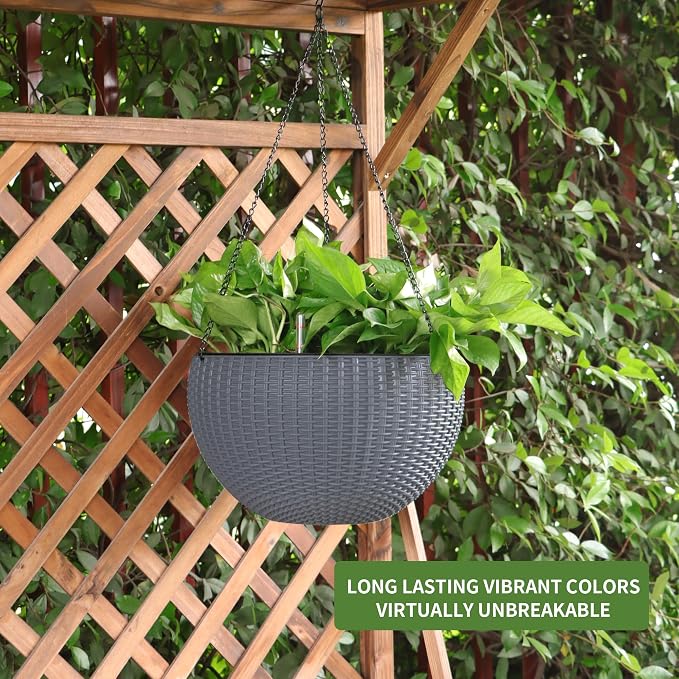 Dexceder 13.5 Inch Self Watering Hanging Planter (Gray) | Thickened Large Hanging Basket Flower Plant Pot with Water Level Indicator Indoor Outdoor