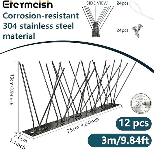 Stainless Steel Bird Spikes for Pigeons,Pre-Assembled,Anti Bird Deterrent Spikes for Woodpeckers, Squirrels, Raccoons,Weatherproof Fence Spikes for Roof, Railing,Patio, Black, 9.84 Feet