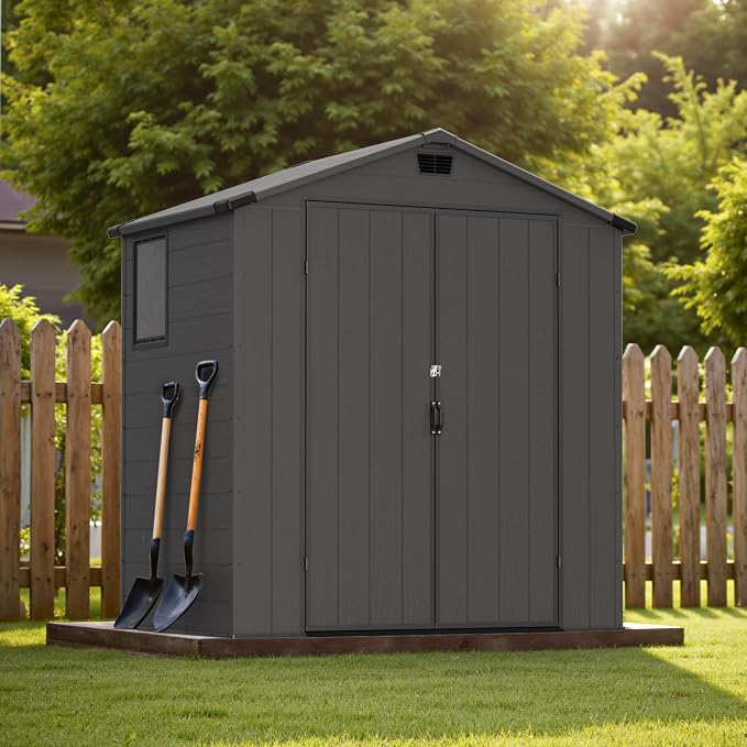 Greesum 6x4FT Plastic Outdoor Storage Shed with Floor, Resin Sheds with Lockable Double Door, Tool Sheds with Vents and Window, for Garden, Backyard, Patio, Dark Gray