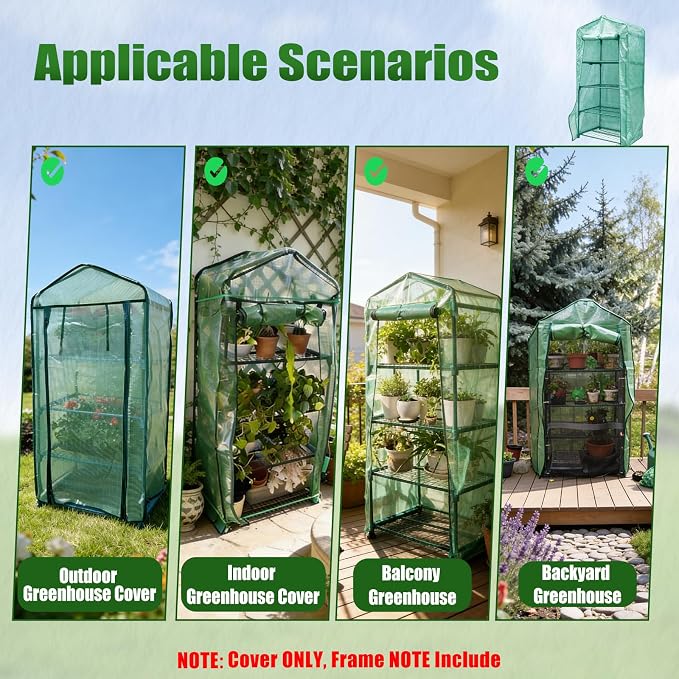 4 Tier Greenhouse Replacement Cover, 63" x 27.2" x 19.3"Greenhouse PE Cover with Roll-Up Zipper Door & Screen Ventilation, Waterproof UV Resistant Outdoor Greenhouse Cover (Frame Not Included)