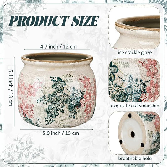 Vintage Planter Large Ceramic Plants Pot Green Pink Rose Ice Cottage Scroll Vase Flower Vase Pot Indoor Plants Home Decor Farmhouse Antique Decorative Gifts
