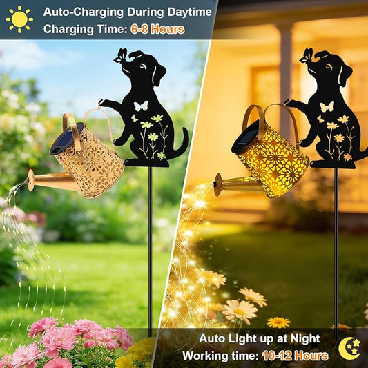 VOOKRY Solar Lights Outdoor,Watering Can with Dog Silhouette Stake | Garden Gifts for Mom,Women&Garden Lovers Waterproof Metal Garden Water kettle,Decorative Yard Patio Lawn Pathway Decor(1Pack)