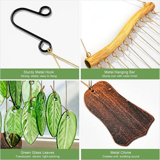 YU FENG Glass Wind Chime, Green Leaf Hanging Decor for Garden & Patio | Handcrafted leaf design, iron wood-look hanging bar, metal chime accents, window hanging ornament, outdoor home decoration