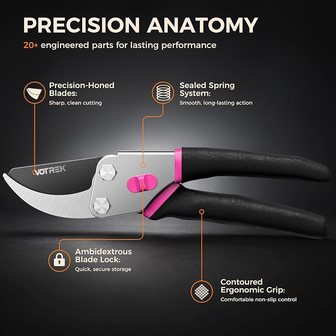 VOTREK® Pruning Shears, 8.5” Professional Garden Pruner with Jam-Proof Spring & Ever-Sharp SK5 Blade, Ergonomic Bypass Clippers for Rose, Tree, Heavy Duty Bonsai Scissor for Weak Hand