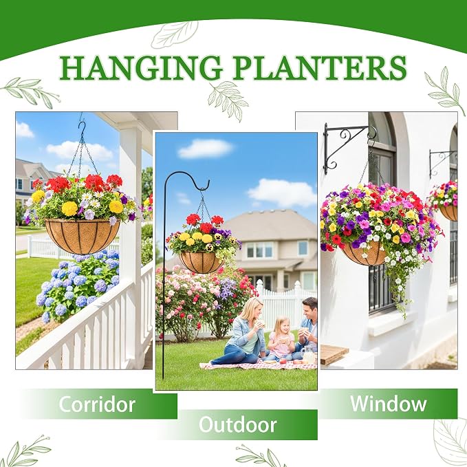 Hanging Planters for Outdoor Plants 4 Pack 14 inch Metal Hanging Flower Basket with Coco Coir Liner Wire Plant Holder Watering Flower Baskets Pot Hanger Garden Decoration for Indoor Outdoor(XGL)