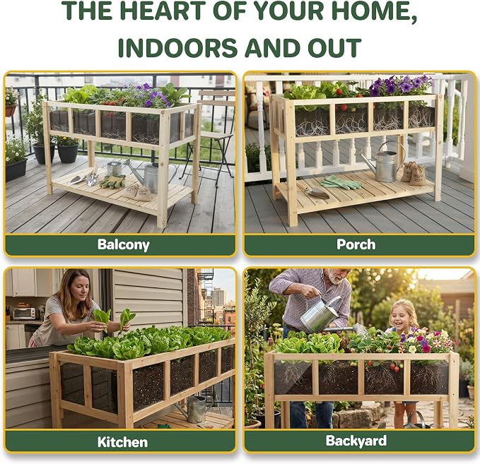 Raised Garden Bed Outdoor with Shelf, 43.7''x23.2''x30.7''Wood Planter Box with Transparent Window, Drainage Holes, Liner, Garden Beds Flower Stand for Balcony Kitchen, Gift for Gardening