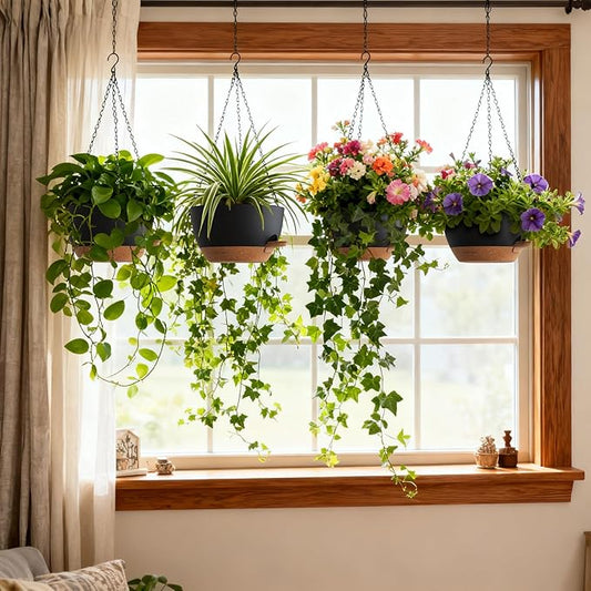 UOUZ 4 Pack 8 Inch Self Watering Hanging Planters for Indoor Outdoor Plants,Hanging Pots for Plants with Drainage Removable Tray, Hanging Baskets Flower Pots for Pothos Spider Garden Black with Brown