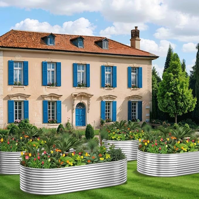 4 Pack Tall 8x4FT Corrugated Galvanized Steel Raised Garden Bed Outdoor, Oval Raised Beds for Gardening, Metal Above Ground Garden Bed for Vegetables and Flowers