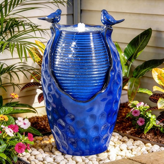 23.5" H Ceramic Jar Outdoor Fountain, Honeycomb Pot Water Feature with LED Lights, Soothing Trickling Waterfall for Garden, Patio, Yard, Balcony or Porch Oasis, Cobalt Blue Glaze, KD Vivid Birds