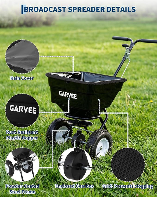 100LBS Push Broadcast Spreader, 12FT Spreading Width, 13in All-Terrain Wheels, Adjustable Flow Control, Heavy Duty Walk Behind Lawn Spreader for Fertilizer, Grass Seed, Ice Melt, Salt