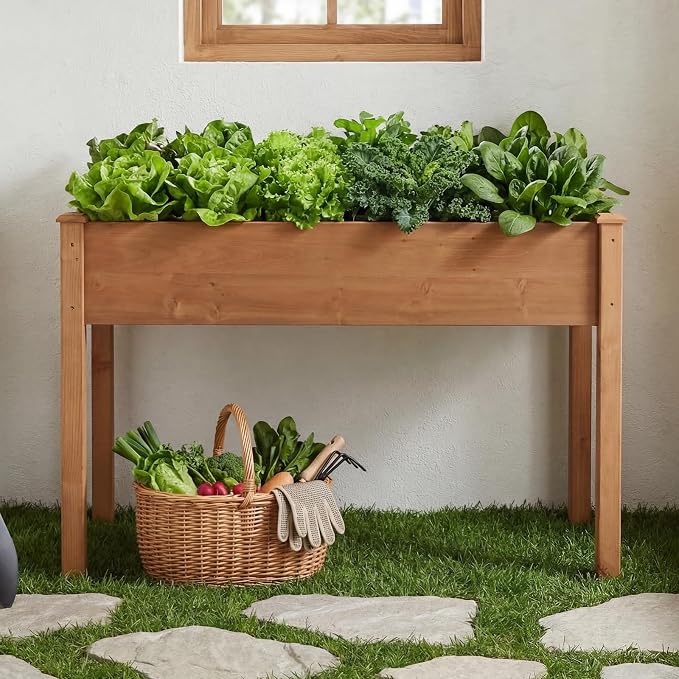 DUMOS Raised Garden Bed 48x24x30 Inch, Outdoor Planter Box with Legs, Elevated Wood Garden Bed with Liner for Herbs Flowers Vegetables, Wooden Planter Box for Patio, Balcony and Backyard, Brown