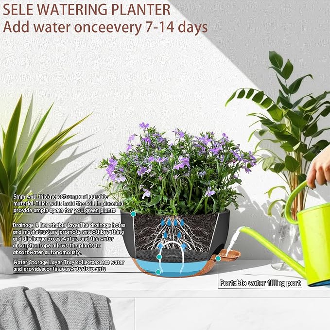 12" Self Watering Hanging Planters with Chains, Black Brown,2 Pack | 43 Oz removable self-watering reservoir, for indoor/outdoor plants, patio & garden
