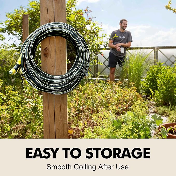 Lightweight Rubber Garden Hose 100 ft, 5/8" Hybrid Rubber Hose with Solid Brass Fitting, Water Hose Pipe for Outdoor, Cleaning & Washing