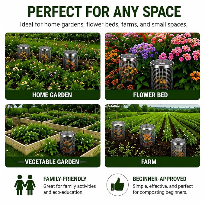 4PCS Inground Worm Composting Bin Turn Food Waste into Nutrient-Rich Soil Increase Soil Fertility Stainless Steel Composting Bin with Holes and Lid for Outdoor Garden Vegetable Patch Backyard