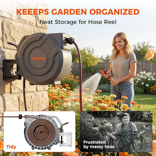 Upgraded Retractable Garden Hose Reel 1/2 inch x 155 ft Metal Bracket Wall-Mounted 9 Pattern Nozzle Any Length Lock Automatic Slow Return 180° Swivel UV Resistant Heavy Duty Hose Reels for Outside
