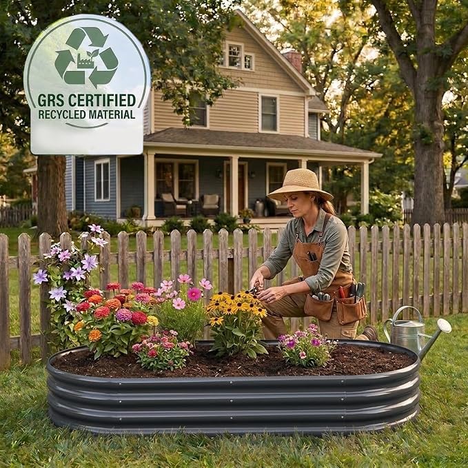 Rakukiri Raised Garden Bed GRS Certified Galvanized Planter Box Outdoor, 8ft Oval Rot-Resistant Metal Garden Bed Planter, Recycled Material Planter for Vegetables Flowers Herbs (Grey)