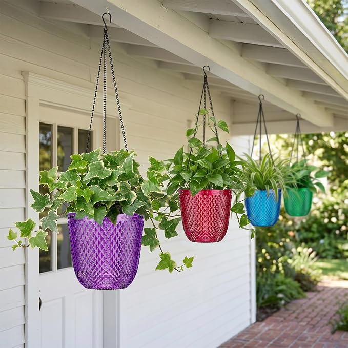 QCQHDU Hanging Planters for Indoor Plants, 2-Pack, 7.2 Inch, Purple | Plastic, Self Watering Plant Hanger, with Drainage Holes, 3 Hooks Chains, For Garden Home