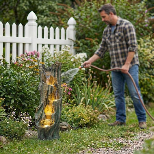 Outdoor Waterfall Fountain with LED Lights, Freestanding Tree Design Garden Water Feature, Fiberglass Resin Construction, Easy Setup for Patio Backyard Lawn Porch