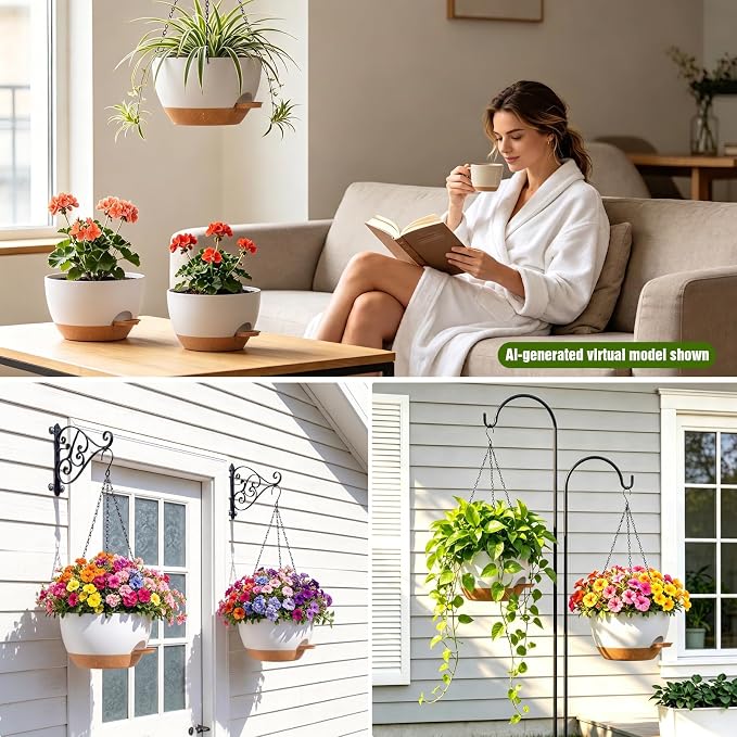 8 Inch Self Watering Hanging Planters Set of 3 with Saucers | Set of 3 8-inch self-watering hanging planters with side-fill watering ports, chain hangers & snap-on saucers