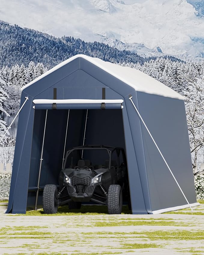 7x15 ft Outdoor Storage Shed, Portable Carport with Roll-up Ventilated Zipper Door and Windows, Heavy Duty Waterproof Tarp, Storage Sheds for Motorcycle, Bike, Firewood, Garden Tools