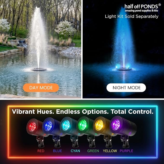 1.5 HP Floating Fountain & Aerator, 12,500 GPH, 11 Patterns, 200 Ft Cord | Plug and play on standard 120V GFCI outlet, 36 in float, quick release nozzle, two 25 ft mooring ropes, 960 watt motor