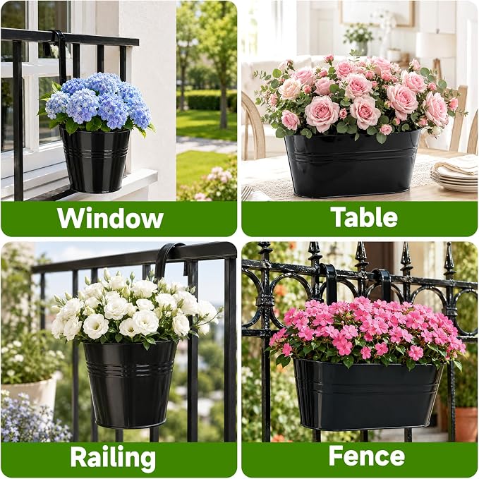 KINGLAKE Flower Pots,10 Pcs Metal Iron Hanging Flower Plant Pot Balcony Garden Plant Planter Baskets Fence Bucket Pots 10.6" & 5.1" Flower Holders with Detachable Hook Black
