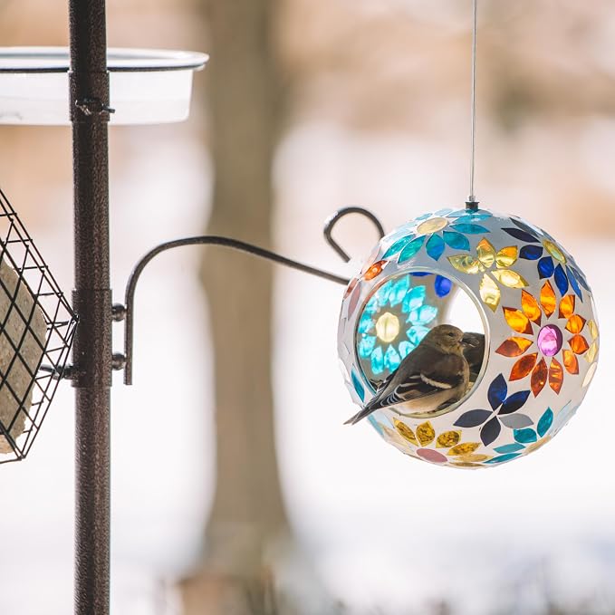 Backyard Expressions Hanging Glass Bird Feeder - Multicolor - Fly Through Bird Feeders for Outside, Mosaic Bird Feeder, Round Shape Wild Birdfeeder